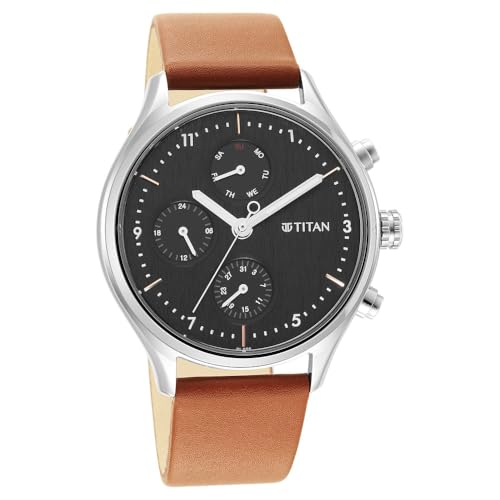 Image of Titan Neo Quartz Multifunction Black Dial Brown Leather Strap Watch for Men - NT1803SL02
