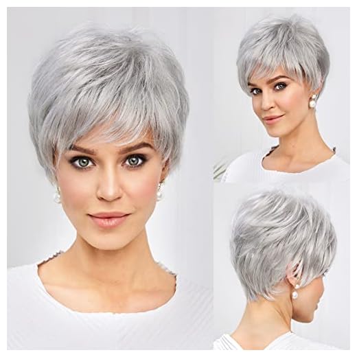 EMMOR Short Silver Grey Wigs for Women Memory Fiber Simulated Human Hair Pixie Curly Wig With Bang,Natural Daily Use Hair(Color 59#)