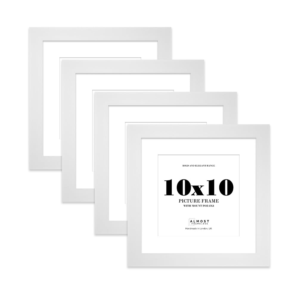 10x10" White Square Frame With Mount for 8x8" Pictures 28mm Edge Frame Display with Wall Hooks and Kickstand, 4 Pack