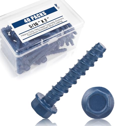 Therwen 40 Pack 5/16 x 2 Inch Concrete Screws Hex Washer Head, Blue