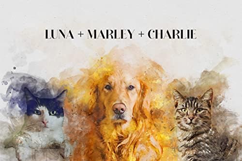 “Multiple Pets Portrait – Custom Pet Portrait from Photo Watercolor Art on Canvas Multiple Pets Portrait for Pet Lover for Dog Lover Canvas Art with Custom Photo & Text Cat Photo Art