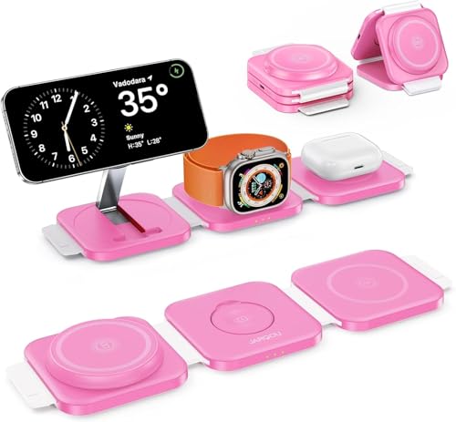 Image of 3 in 1 Magnetic Wireless Charger, Fast Charging Station for iPhone 17 /16 /15 /14 /13 /12 Series, Travel Charger for Multiple Devices for AirPods 4 /3 /2 /Pro, Charging Stand for Apple Watch Series (Pink)