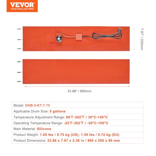 VEVOR Fassheizer 800W, Silikon-Heizband für 5-Gallonen-Fässer, einstellbarer Thermostat 30-150°C, mit CE-Zertifikat, Orange