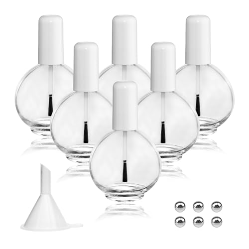 6PCS Large Capacity 75ML Empty Nail Polish Bottles with Brush, Large Spherical Refillable Glass Cuticle Oil Bottles Containers with Funnel & Mixing Balls 2.6oz for DIY Nail Art Cuticle Oils (White)