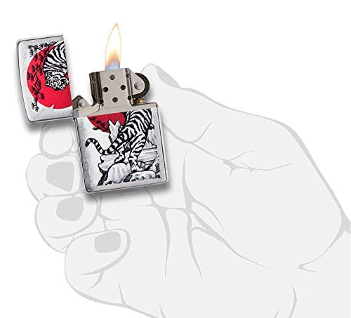 Miniatura 5 de Zippo Mechero resistente al viento, diseño de tigre japonés, cromo cepillado, imagen en color, recargable, uso de por vida, llama ajustable, caja de regalo, construcción de metal, fabricado en Estados