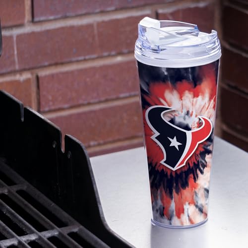 Image of Rico Industries NFL Football Houston Texans Metallic Tie Dye 24oz Metallic Acrylic Tumbler with Hinged Lid, Officially Licensed Double Wall Tumbler with Straw
