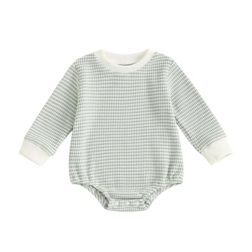 BULINGNA Newborn Baby Boy Waffle Knit Romper Sweatshirt Long Sleeve Striped Bodysuit Onesie Jumpsuit Fall One Piece Outfit