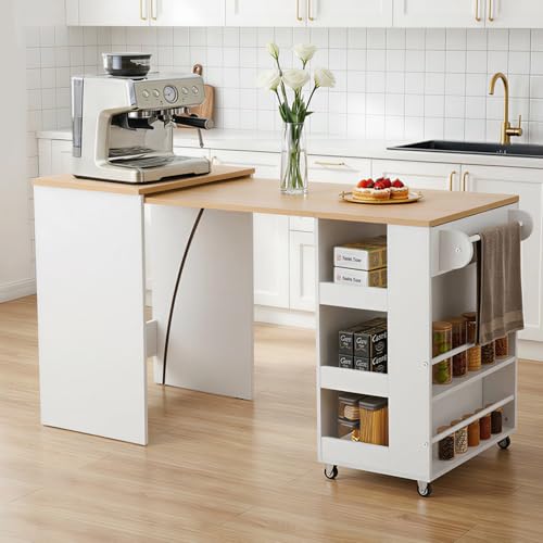 EROMMY Extendable Kitchen Island on Wheels with Storage, 52\'\' Pull-Out Rolling Kitchen Island Cart with Breakfast Bar, Towel Rack, Spice Rack Shelf and Mobile Portable Islands for Dining Room (White)
