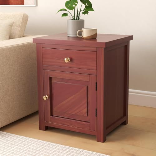 Image of Solid Sheesham Wood Bedside Table for Bedroom | Handmade Pure Wooden Bed Side Nightstand End Table with 1 Drawers & 1 Open Shelf Storage for Home & Bed Room | Rosewood, Honey Brown