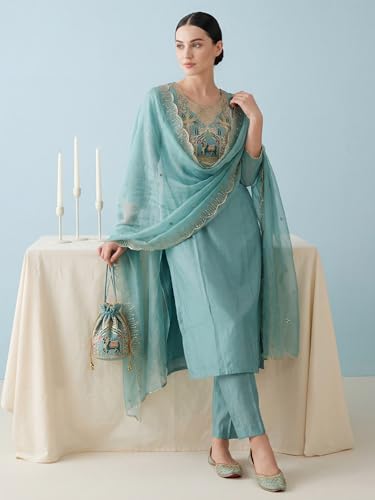 Image of INDO ERA Women's Silk Blend Embroidered Straight Kurta & Pant with Dupatta Set | Kurta Set With Dupatta For Women