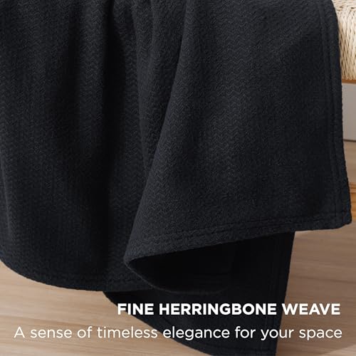 Image of Bedsure 100% Cotton Blanket, Herringbone Weave, Throw XL, Black