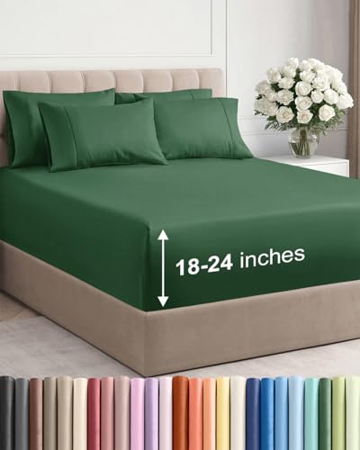 Image of Extra Deep King Sheet Set - 6 Piece Breathable & Cooling - Emerald Green | Hotel Luxury Bed Sheets Set, Easy & Secure Fit, Ultra-Soft, Wrinkle & Fade Free, Comfy Sheets Set with Extra Deep Pockets