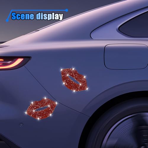 Image of 2PCS Bling Rhinestone Car Sticker Decal, Self Adhesive Crystal Red Lip Sticker for Women, Bumper Decoration Decal for Car, Window, Mirror, Laptop, Truck, Motorcycle, Helmet (Red Lip)