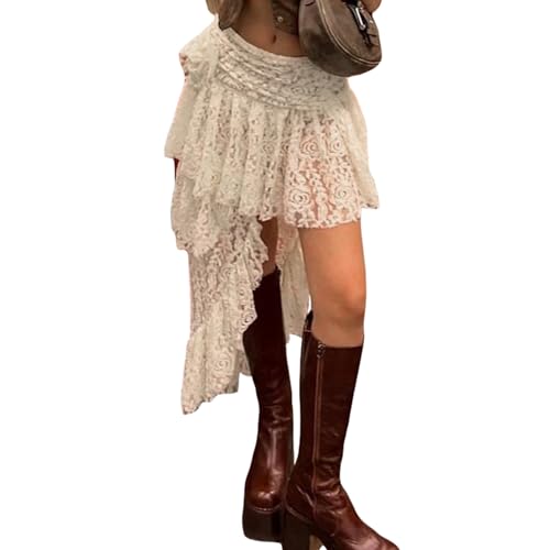 Women Y2K Lace Mini Skirt Elastic Low Rise Pleated Mini Skirt Layered Ruffle Flowy Short Skirt Half Slips Underskirt