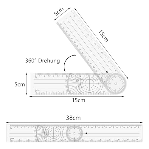 Catelves Winkelmesser, Goniometer Physiotherapie, PVC Medizinischer Winkelmesser 360° Winkel Transparenter Gelenkmesser 38cm Spinal Lineal Winkellineal für Physiotherapie, Sporttherapie
