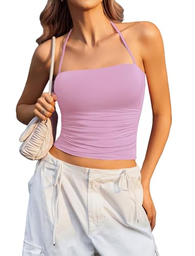Image of Avidlove Halter Tops for Women Going Out Double Lined Sexy Crop Tank Top Ruched Slim Fit Cami Y2K Outfits Womens Summer Tops