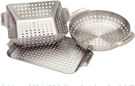 3 Piece Stainless Steel Grill Basket Set with Basting Brush, Heavy Duty Vegetable Grill Basket for Outdoor Grill - Perforated BBQ Grill Pan & Wok Accessories for Gas, Charcoal, Veggies