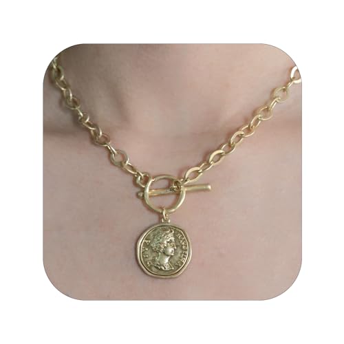Chunky Gold Coin Pendant Necklace Trendy Layered Statement Chain for Women, Antique Toggle Design with Thick Link, Fashionable Necklaces for Women2