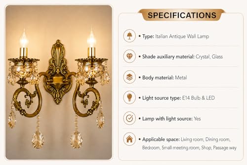 Image of Italian Wall Lamp, Antique Gold Finish, Double Light Wall Lamp with Decorative Crystals with Filament Bulb (Warm White) (Corded Electric, Glass)