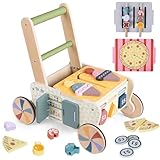 Wooden Baby Walker with Wheels, Montessori Kitchen Walking Toys, Pretend Play Grocery Toys, Sorting and Stacking Toys for Infants and Toddlers, Push and Pull Learning Activity Walkers