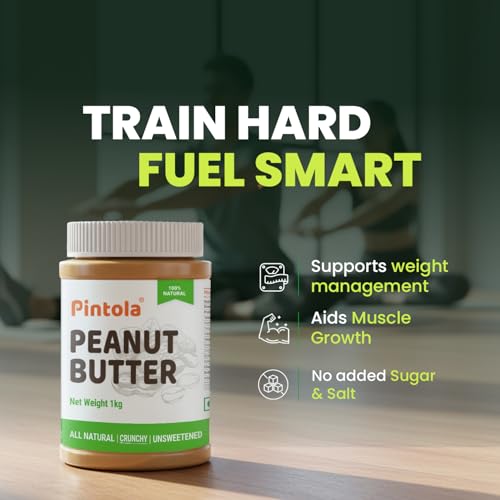 Pintola All Natural Peanut Butter (Crunchy) | Unsweetened | 30g Protein | Non GMO | Gluten Free | Vegan | Cholesterol Free (1kg)