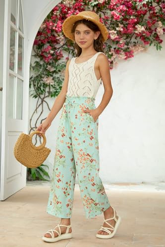 Image of Girls Summer Floral Wide Leg Pants High Waisted Flowy Dress Trousers with Pockets for School Lounge Beach 5-14 Years