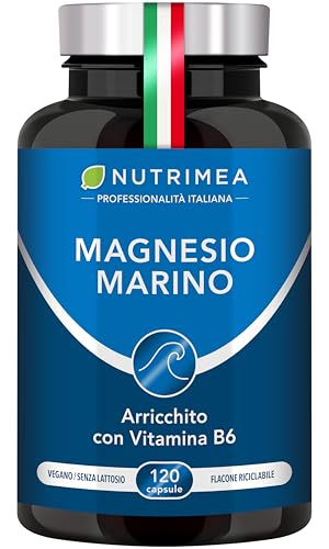 Magnesio Marino | Con Vitamina B6 | Contro Stanchezza e Stress | Aumenta le Funzioni Cognitive | Contro i Disturbi del Sonno | Senza Glutine e Lattosio | Vegano | 120 Capsule | Nutrimea