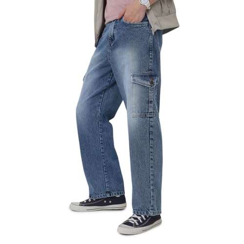 Image of Neostreak Men's Loose Baggy Fit Washed Cargo Jeans with 6 Pockets Non-Stretchable