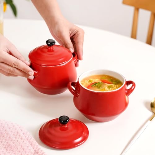 Image of Nestasia Set of 2 Ceramic Serving Pots with Lids (450ml) - Small Handled Pots for Curry, Dal, Rice, Soup & Gravy, Kitchen Tableware & Gift Set (Red)
