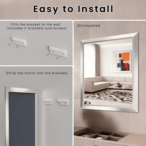 Amorho Bathroom Mirror, 40x38 Inch Silver Thick Metal Framed Wall Mirrors for Over Sink, Brushed Nickel Mirror Perfect for Bedroom, Living Room, Entryway, Rectangle (Horizontal/Vertical). by Amorho - Used condition - Image 8
