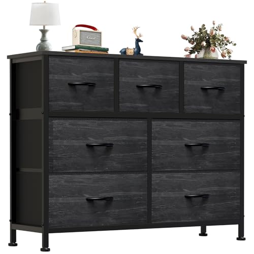 Image of OLIXIS 7 Drawers Dresser for Bedroom, Fabric Storage Tower for Living Room, Entryway - Sturdy Steel Frame, Wooden Top and Easy Pull Fabric Bins, Closet Chests Organizer for Clothes,Black Wood Grain