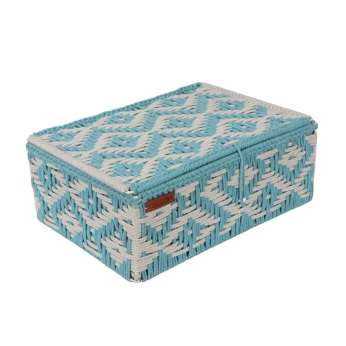 Image of Kaahira Handmade Decorative Storage Box and Organiser | Macrame Gift Hamper Box for Cosmetics, Toiletries & Return Gifts | Aesthetic Rope Woven Organizer (Sky Blue and White, Small - 9x6x4)