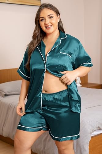 Image of Vozanet Women's Short Sleeve Satin Pajama Sets Silky Ladies Button Down Loungewear Plus Size Nighty Shorts Sets XL to 5XL