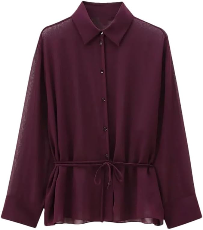 Women's Solid Color Long Sleeve Lapel Tie Shirt
