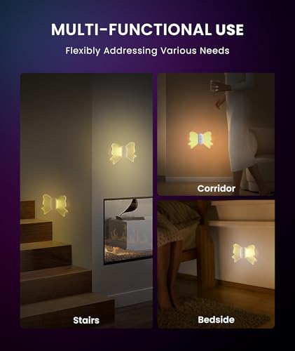 Image of LOFTEK Motion Sensor Wall Light, Rechargeable Color-Changing Sconce with Butterfly Wing Design, Dimmable Brightness, 1800mAh Battery, Perfect for Hallway, Stairs, Bedroom, Bathroom [2 Pack]