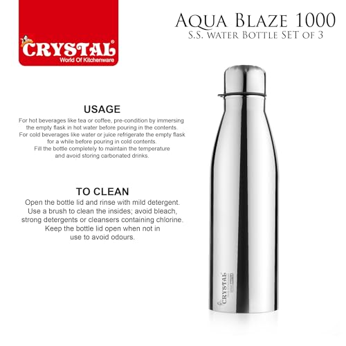 Image of Crystal Aqua Blaze 1000 Stainless Steel Water Bottle 950 ml, Set of 3, Single Walled, ISI Certified I Leak Proof Lid, Rust Proof I For School, Office, Gym I Silver