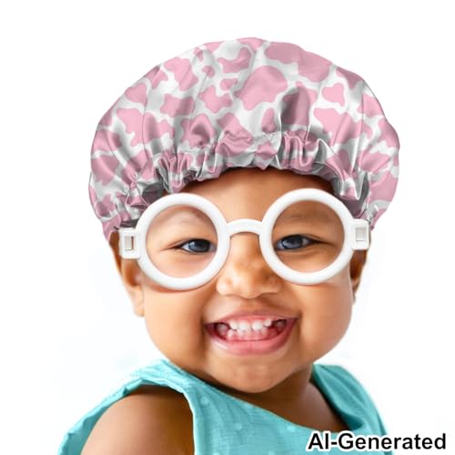 Image of Cow Print Pink White Kids Hair Cover Satin Bonnet Satin Sleep Cap Adjustable Elastic Band Beanie Hat for Night Sleeping Easy Clean Headwear for Girls Toddler Children Baby