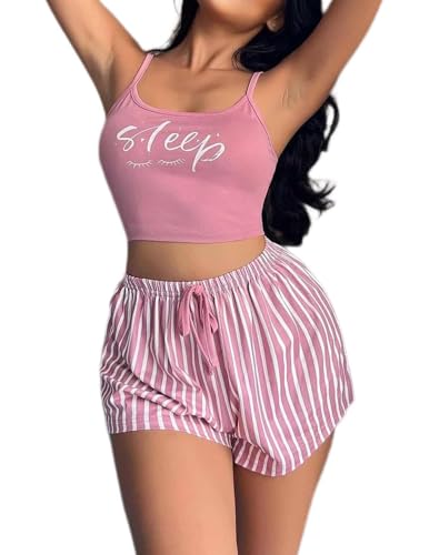 Conjunto de Pijama Mujer Ropa de Estar por Casa Pantalón Corto a Rayas y Camisola con Letras 2 Piezas Verano Ropa de Dormir Cómodo Femenina Superior Tirantes Ajustables Elástico Lencería Set S-XL