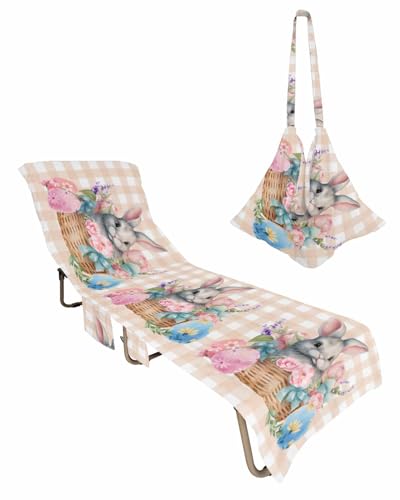 Spring Easter Bunny Beach Lounge Chair Towel Cover, Soft Chaise Lounge Towel with Side Pockets Patio Pool Chairs Cover for Beach/Pool Sunbathing 29x85 Watercolor Floral Botanical Eggs Plaid