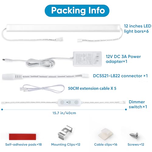 Image of Litever Under Cabinet Lighting Kit. 6 Lights with Power Plug Dimmer. 3000K | 6x12 Inch LED Light Strips. Super Bright Dimmable Linkable for Kitchen Undercabinet Counter Top Shelf Pantry Closet Display