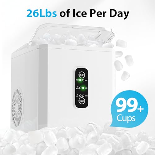 Aeitto Ice Makers Countertop, 26Lbs/24H, 9 Ice Cubes Release in 6 Mins, 2 Sizes of Bullet Ice Machine,Self-Cleaning Portable Ice Maker with Ice Scoop and Basket for Home Kitchen Office Bar RV, White