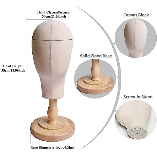 TINGSING Canvas Mannequin Head Stand 21 Inch for Hat Display Foam Wig Head with Detachable Wood Base, Pinnable Wig Hat Stand - Image 3