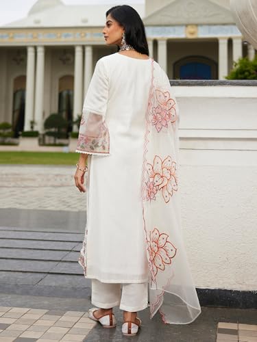 Image of INDO ERA Women's Silk Blend Embroidered Straight Kurta Pant with Dupatta (Ieout6967)