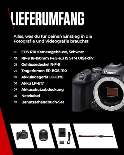 Canon EOS R10 Kamera spiegellose Camera + RF-S 18-150mm F4.5-6.3 is STM Objektiv (Hybridkamera, DSLR Upgrade, 15 B/s, 4K Videos, Dual Pixel CMOS AF II Fokussystem, WLAN) schwarz