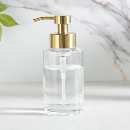 Image of Enra Foaming Soap Dispenser, Clear Thick Glass Bottle Gold Pump Bathroom