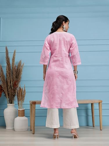 Image of Ada Women's Cotton Straight Fit Straight Hand Embroidered Lucknowi Chikankari Kurta Kurti A411165