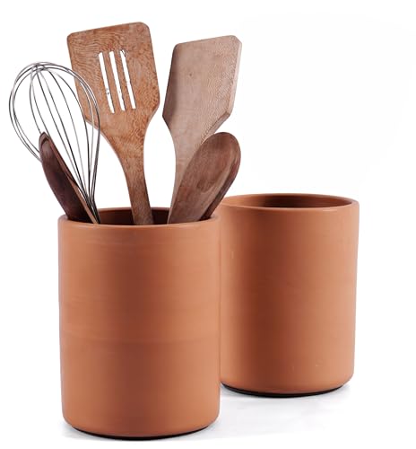 EARTHEN CRAFTS Terracotta Utensil Holder 6.5” Set of 2 Large Kitchen Utensil Crock & Counter Organizer | Flatware, Spatula Tool & Cooking Storage Caddy | Farmhouse Countertop Decor