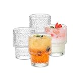 SoulTimes Glass Cups Vintage Glassware | Set of 4 Small, Embossed Stackable Pattern Style Transparent Cocktail Glasses Set, Ice Coffee Cup Juice Drinkware, Clear, 190ml (S)