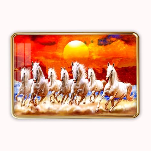 Image of 7 Running Horses Photo Frame, Ultra High Gloss Lamination, Vastu Painting for Living Room, Office, 12x18 Inch (Design 7)