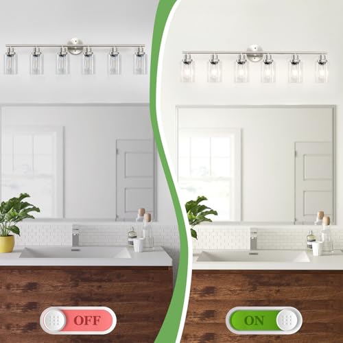 Image of 6-Light Nickel Bathroom Vanity Lights, E26 Modern Bathroom Light Fixtures with Clear Glass Shade, Wall Lamps for Mirror Hallway Kitchen Cabinet Living Room Sconces Lights